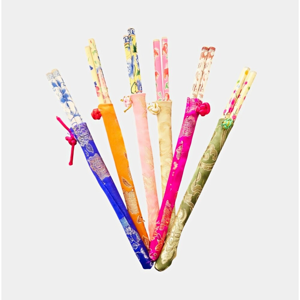6-Pair Floral Wood Chopsticks Set Multicolor w/ Fabric Sleeves 9 in Reusable